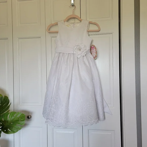 open lace back dress Girls Princess-Style Satin Communion Dress with Bows Custom Size / Ivory main image 1